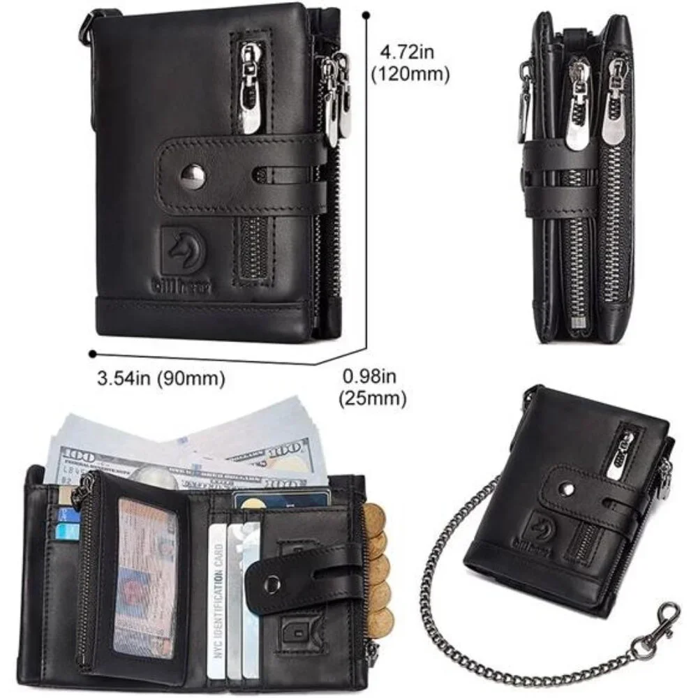 Mens Wallet with Chain Genuine Leather Purse RFID Blocking Bifold Double Zipper